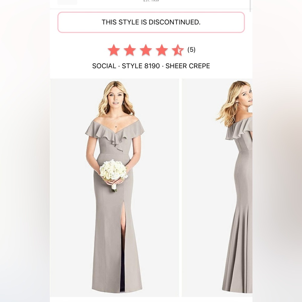 Off the shoulder draped ruffle faux wrap trumpet gown - discontinued style!